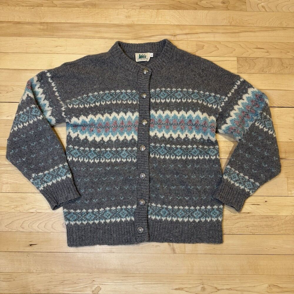 VTG REI Wool Cardigan Sweater Sz L Fairl Isle Stripe Long Sleeve Metal Buttons